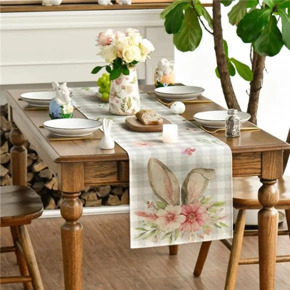 Buffalo Plaid Bunny Rabbit Ears Flower Easter Table Runner, Spring